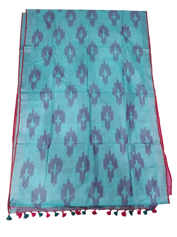Blue & Pink Ikkat Pure Cotton Saree with Unstitched Blouse