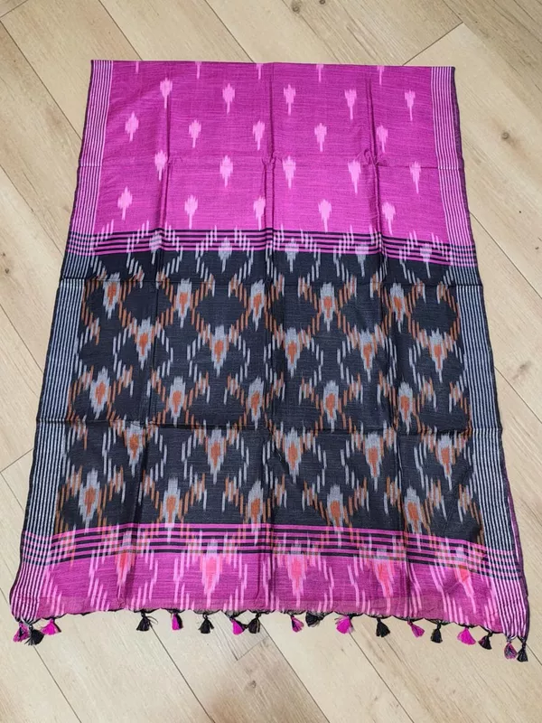 Magenta & Black Ikkat Pure Cotton Saree with Unstitched Blouse