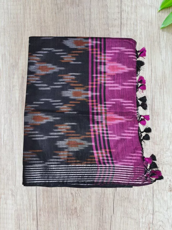 Magenta & Black Ikkat Pure Cotton Saree with Unstitched Blouse