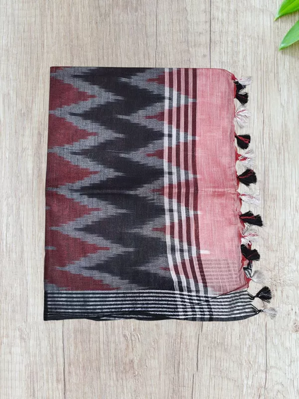 Pink & Black Ikkat Pure Cotton Saree with Unstitched Blouse