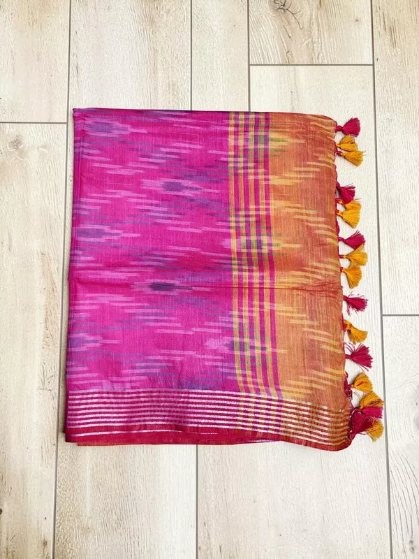 Pink & Orange Ikkat Pure Cotton Saree with Unstitched Blouse