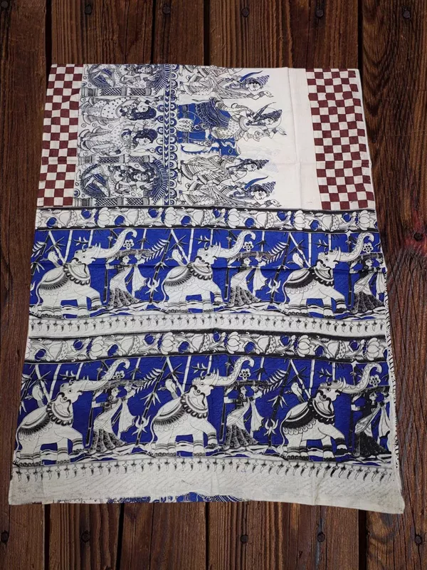 Blue Kalamkari Pure Cotton Saree with Unstitched Blouse