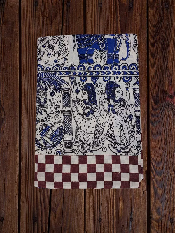 Blue Kalamkari Pure Cotton Saree with Unstitched Blouse