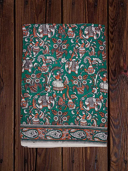 Green Kalamkari Cotton Saree with Unstitched Blouse
