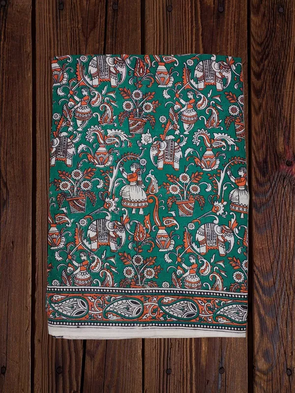 Green Kalamkari Cotton Saree with Unstitched Blouse