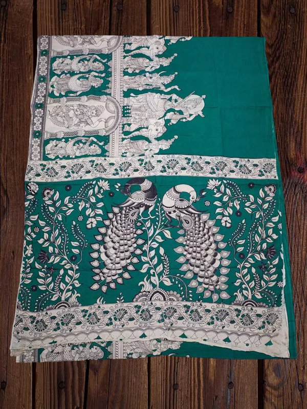 Green Kalamkari Pure Cotton Saree with Unstitched Blouse