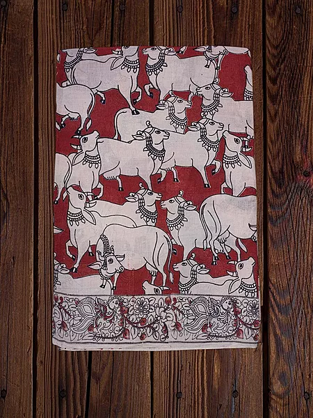Maroon Kalamkari Pure Cotton Saree with Unstitched Blouse
