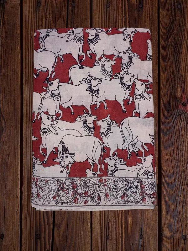 Maroon Kalamkari Pure Cotton Saree with Unstitched Blouse