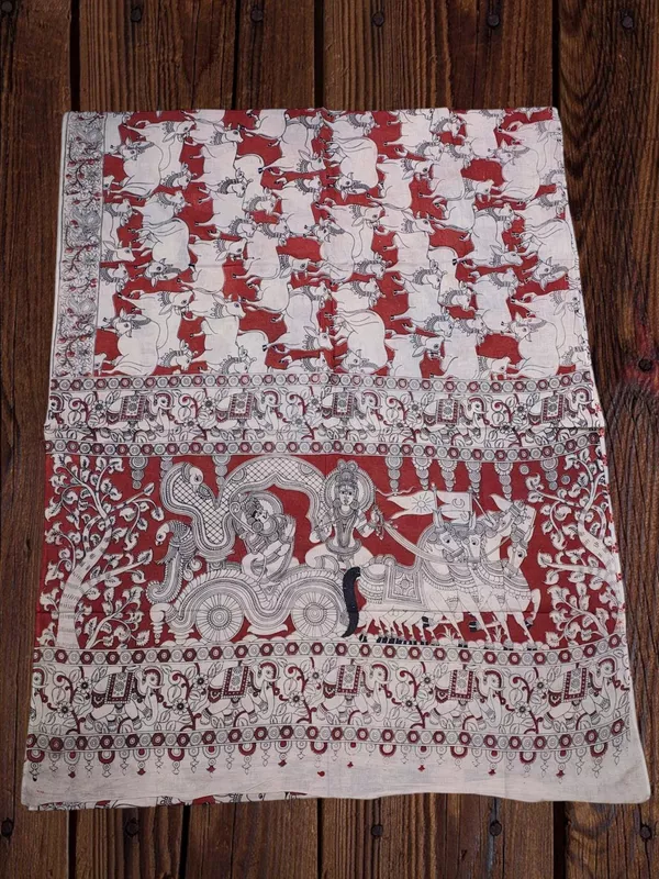 Maroon Kalamkari Pure Cotton Saree with Unstitched Blouse
