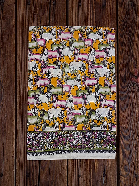Mustard Kalamkari Cotton Saree with Unstitched Blouse