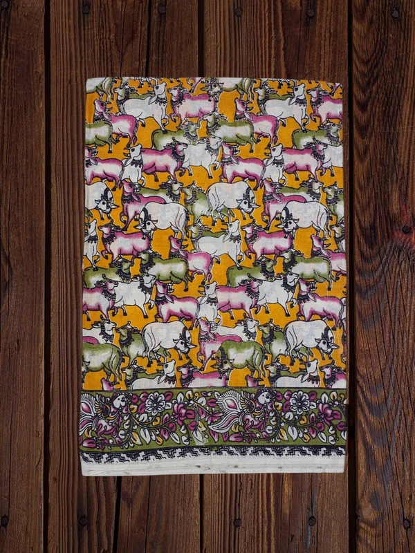 Mustard Kalamkari Cotton Saree with Unstitched Blouse