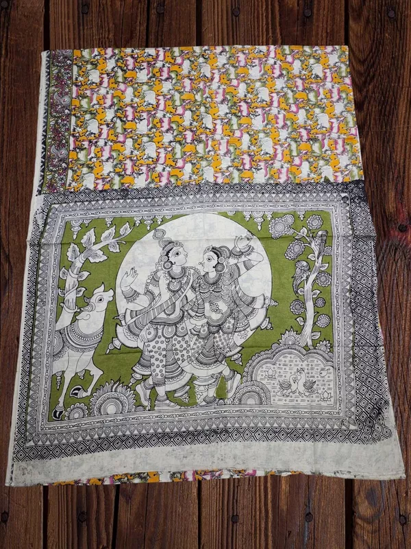 Mustard Kalamkari Cotton Saree with Unstitched Blouse