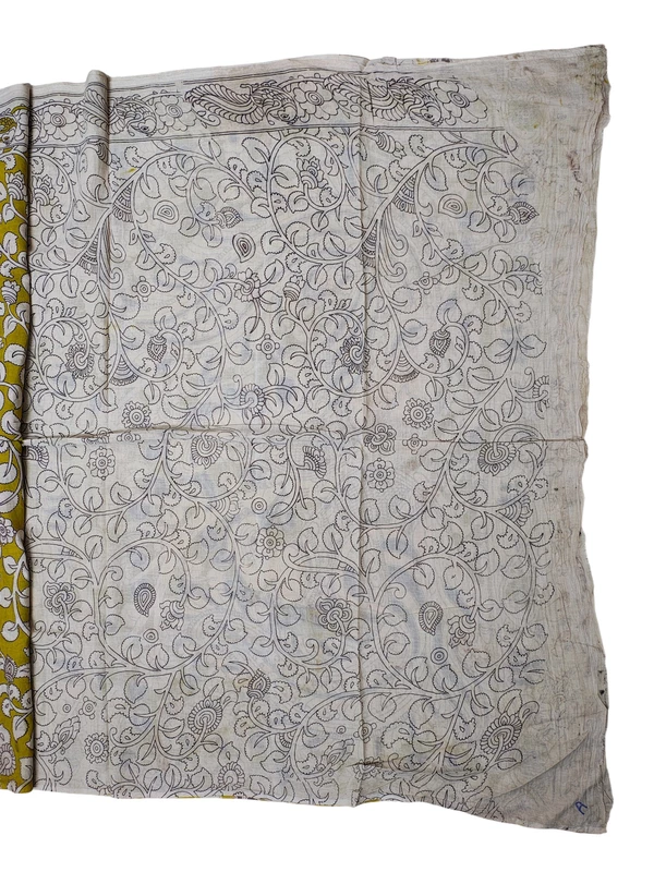 Olive Green Kalamkari Cotton Saree with Unstitched Blouse