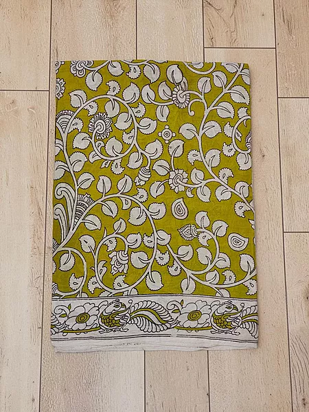Olive Green Kalamkari Cotton Saree with Unstitched Blouse