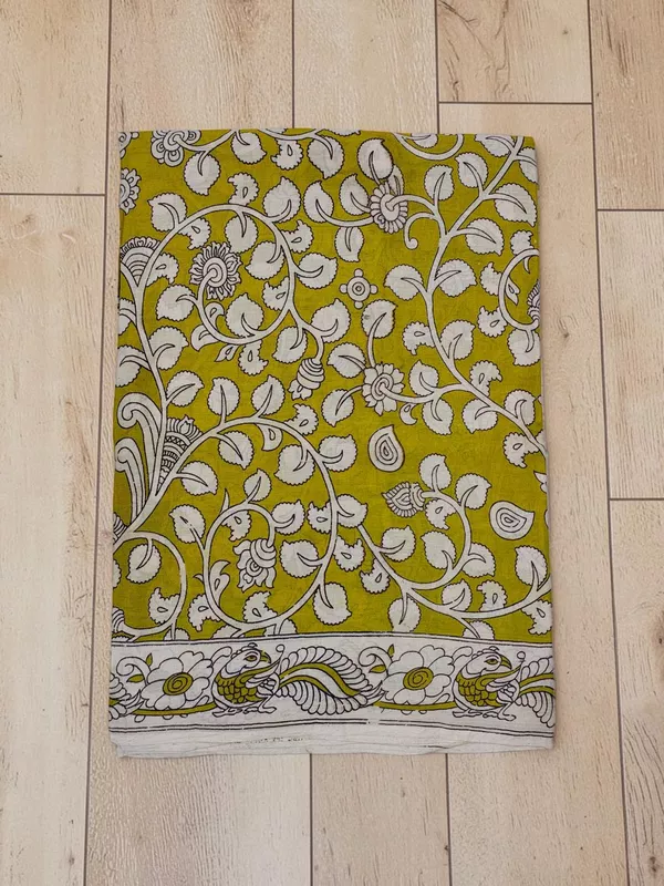 Olive Green Kalamkari Cotton Saree with Unstitched Blouse