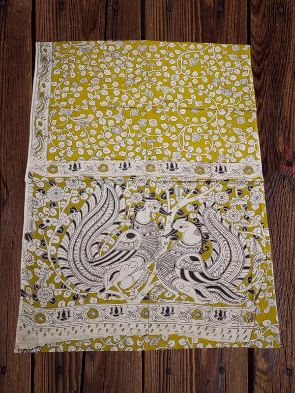 Olive Green Kalamkari Cotton Saree with Unstitched Blouse
