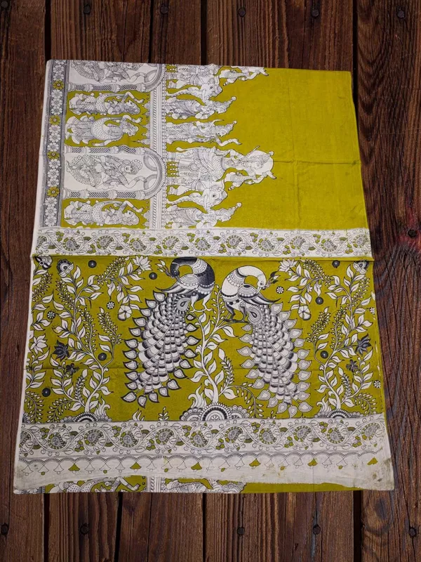 Olive Green Kalamkari Suti Saree with Unstitched Blouse