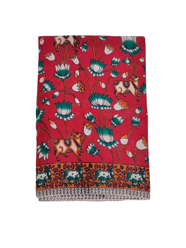 Red Kalamkari Cotton Saree with Unstitched Blouse