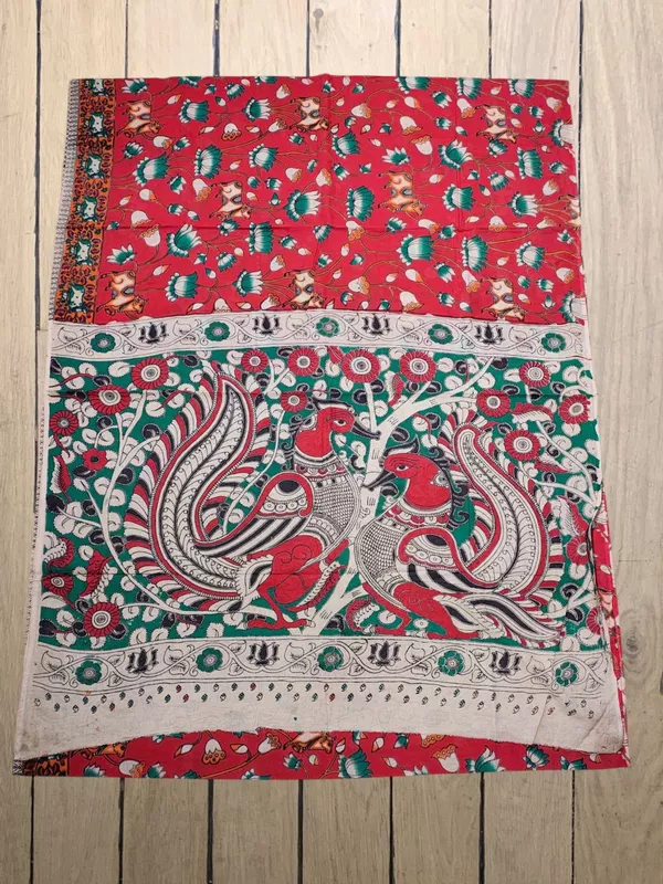 Red Kalamkari Cotton Saree with Unstitched Blouse