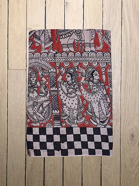 Red Kalamkari Pure Cotton Saree with Unstitched Blouse