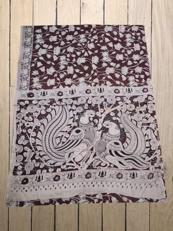 Wine Kalamkari Cotton Saree with Unstitched Blouse