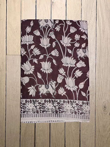 Wine Kalamkari Cotton Saree with Unstitched Blouse