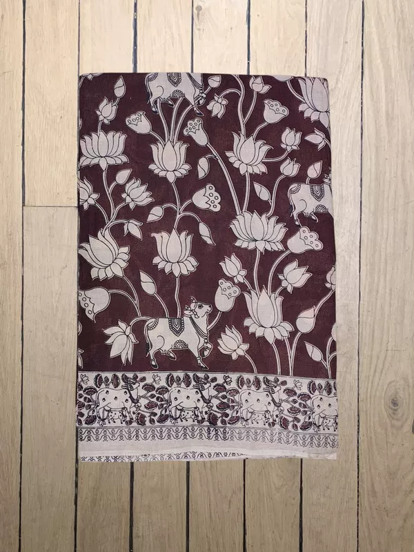 Wine Kalamkari Cotton Saree with Unstitched Blouse