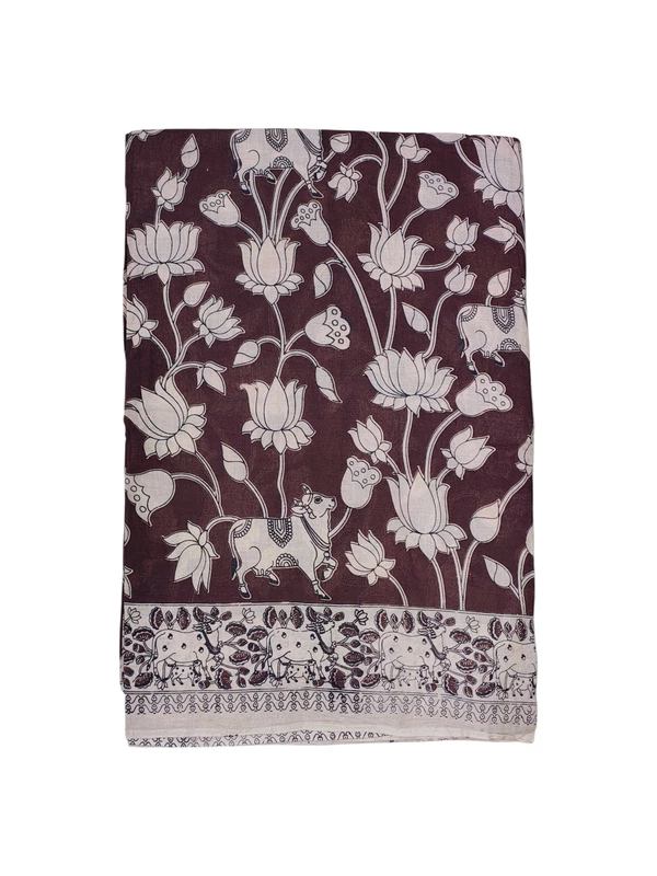 Wine Kalamkari Cotton Saree with Unstitched Blouse