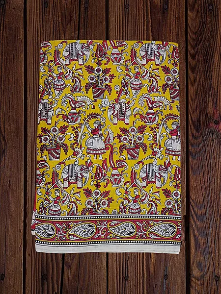 Yellow Kalamkari Cotton Saree with Unstitched Blouse