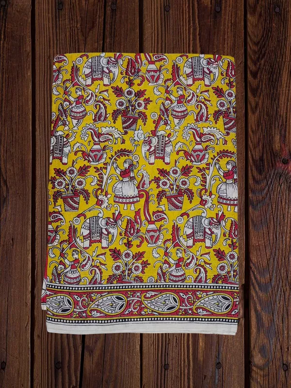 Yellow Kalamkari Cotton Saree with Unstitched Blouse