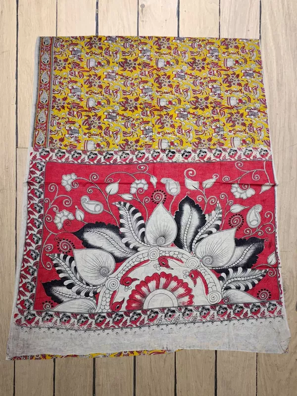 Yellow Kalamkari Cotton Saree with Unstitched Blouse
