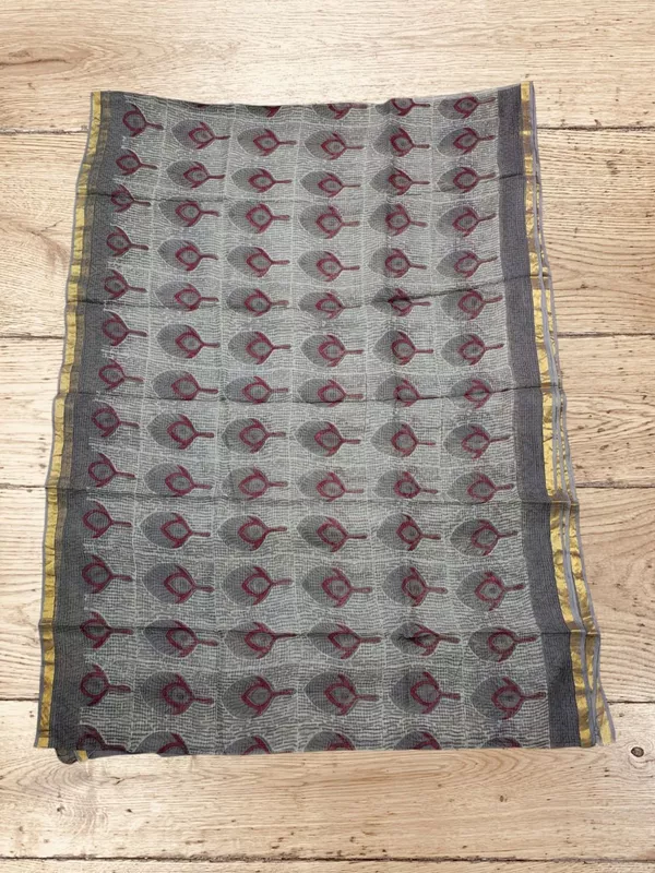 Grey Kota Doria Hand Block Print Saree for Women