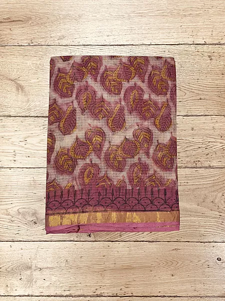 Rust Kota Doria Hand Block Print Saree for Women