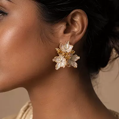 Elara Ivory Bloom Gold-Tone Floral Stud Earrings