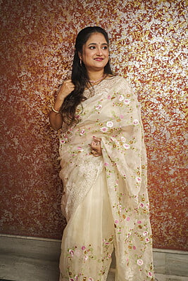 Ivory white pure Organza saree