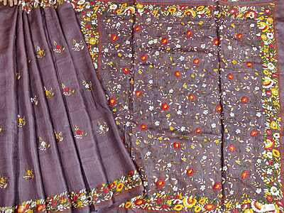 Jamun color hand crafted Parsi embroidery on pure desi Tassar