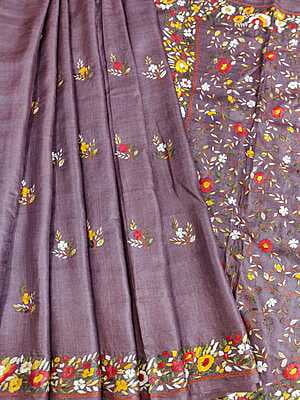 Jamun color hand crafted Parsi embroidery on pure desi Tassar