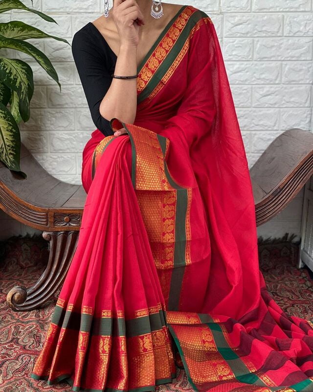 Buy Narayanpet Cotton Sarees with Zari Border in red colour