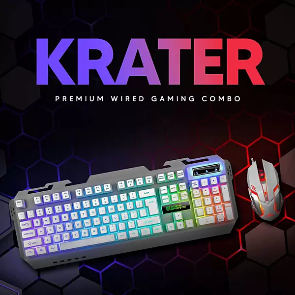 Krater Gaming Combo – White, 104 Keys, RGB Backlit, Ergonomic Design, High Precision Mouse, Durable Build, Ideal for Gamers, Anti-Ghosting Keys, Adjustable DPI, Sleek Aesthetic, Plug and Play.