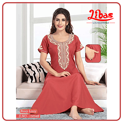 Tomato Bizi Lizi Plain Embroidery Nighty From Libas Loungewear - EN177