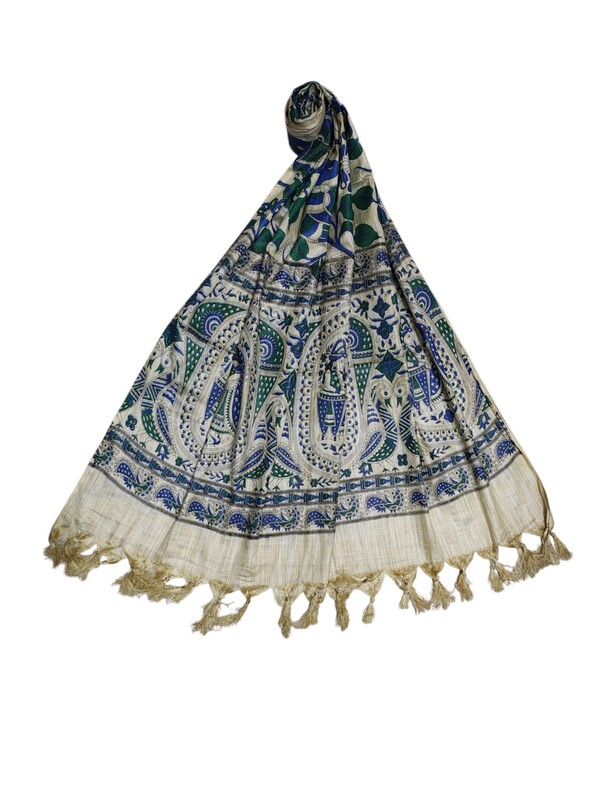 Blue & Green Kalamkari Print Cotton Silk Dupatta for Women