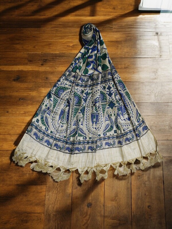 Blue & Green Kalamkari Print Cotton Silk Dupatta for Women