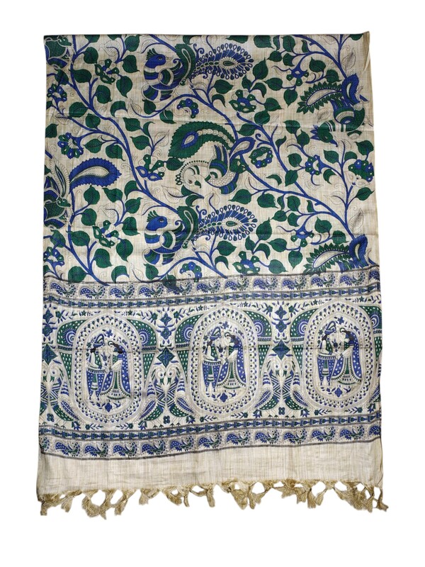 Blue & Green Kalamkari Print Cotton Silk Dupatta for Women