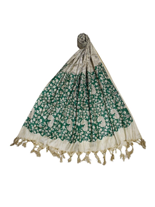Madhubani Print Green Cotton Silk Dupatta for Women