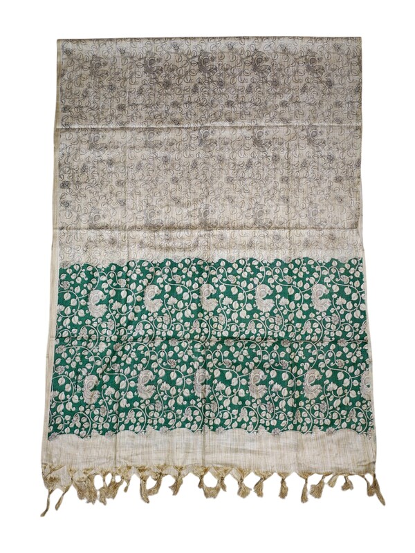 Madhubani Print Green Cotton Silk Dupatta for Women