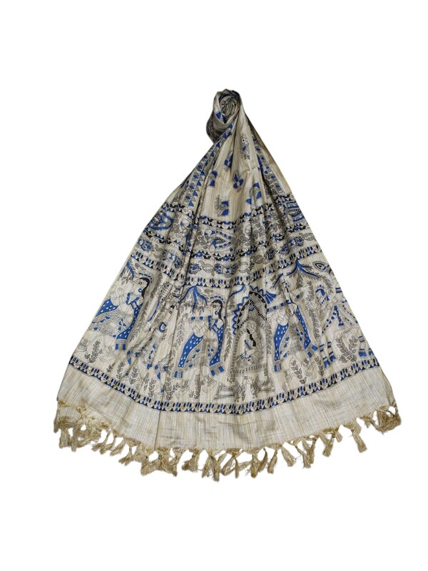 Madhubani Print Indigo Cotton Silk Dupatta for Women