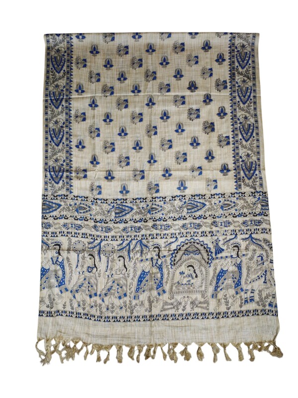 Madhubani Print Indigo Cotton Silk Dupatta for Women