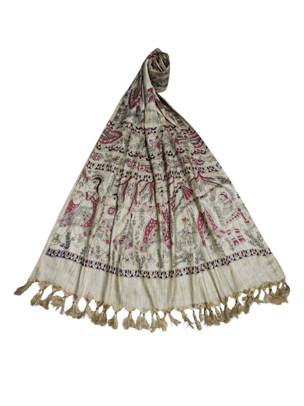 Madhubani Print Maroon Cotton Silk Dupatta for Women
