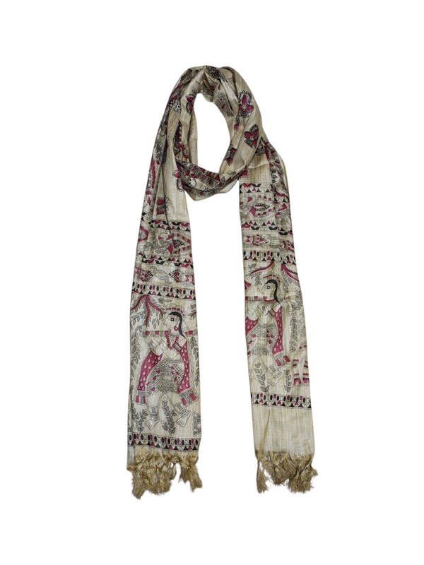 Madhubani Print Maroon Cotton Silk Dupatta for Women