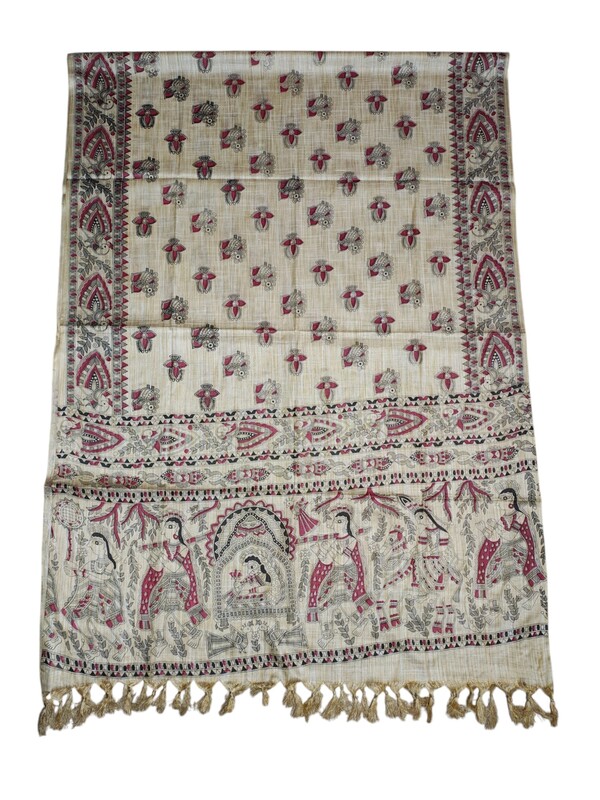 Madhubani Print Maroon Cotton Silk Dupatta for Women